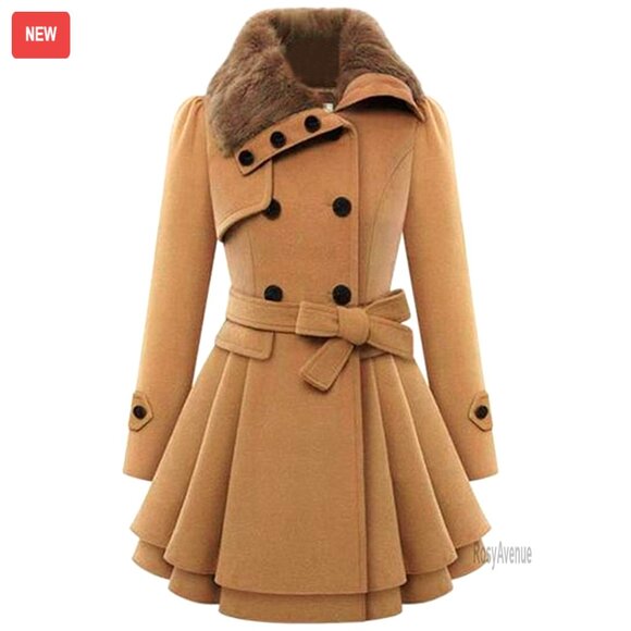 Faux Fur Lapel Wool Trench Coat Winter Warm Double-Breasted Jacket